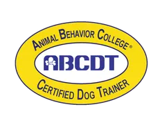 Animal Behavior College Certified Dog Trainer badge with yellow border and blue text.