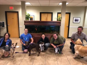Five people kneeling indoors each with a dog, posing in front of a large fish tank in an office-like setting.