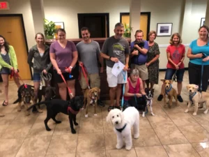 A group of people and their dogs pose together indoors, most holding leashes, smiling for the camera.