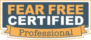 Fear Free Certified Professional badge with orange, white, and dark blue colors.